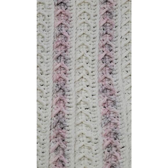 Queen/ Full Bedspread Afghan Handmade Cream Purple Pink 98" x 60" Fishermans Rib - Picture 2 of 6